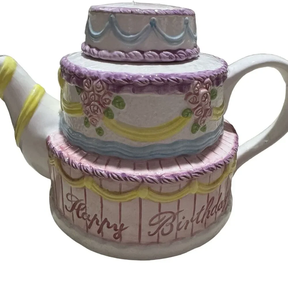 Lillian Vernon Vintage Ceramic Teapot Happy Birthday Layer Cake